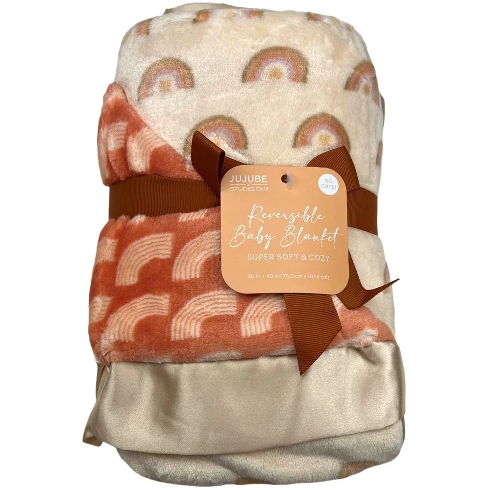 JuJuBe Brown Gold Rainbows Plush Baby Blanket Satin Trim Copper‎ Be Kind NWT